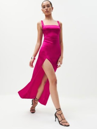 Reformation Solay Silk Dress in Rhubarb – silky hot pink dresses – sleeveless – square neck – shoulder strap evening fashion – thigh high slit occasion clothes – luxury clothing - flipped