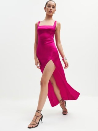 Reformation Solay Silk Dress in Rhubarb – silky hot pink dresses – sleeveless – square neck – shoulder strap evening fashion – thigh high slit occasion clothes – luxury clothing