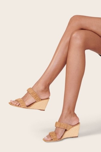 STAUD FRANKIE WEDGE in CASHEW SUEDE NATURAL RAFFIA | camel double ruched strap wedges | light brown wedged sandals | neutral square toe sandal