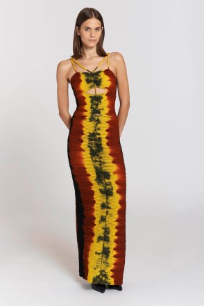 Rachel Brosnahan’s strappy red and yellow column maxi dress, Altuzarra Suberi Dress. Worn with a pair of black ankle strap platforms. Attending the 40th Annual Paleyfest, 4th April 2023 | celebrity red carpet dresses - flipped