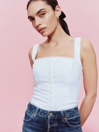 Reformation Tagliatelle Linen Top in White | sleeveless fitted bodice tops