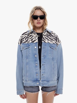 MOTHER The Drop It Drifter in I Confess | women’s boxy oversized jackets | blue denim fashion | women’s outerwear with animal prints