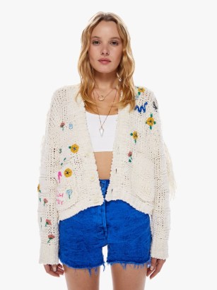 MOTHER The Easy Drop Cardigan in Fields On Fire | women’s organic cotton knitwear | fringed floral and skull embroidered cardigans | lightweight chunky style knits | dropped shoulders - flipped