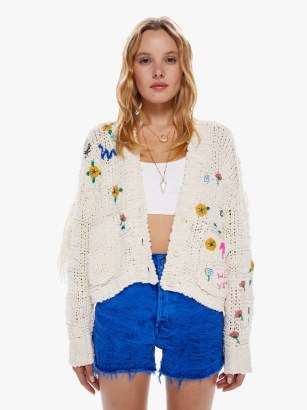 MOTHER The Easy Drop Cardigan in Fields On Fire | women’s organic cotton knitwear | fringed floral and skull embroidered cardigans | lightweight chunky style knits | dropped shoulders