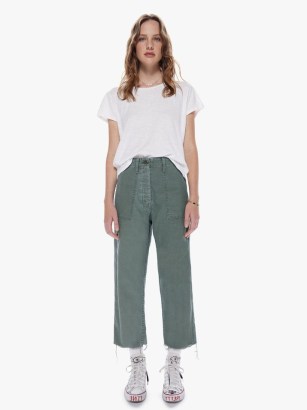 MOTHER The Patch Pocket Private Ankle Jean in Roger That | womens army green crop hem jeans | cropped frayed hems | women’s sustainable casual fashion | cotton deadstock fabric clothing - flipped