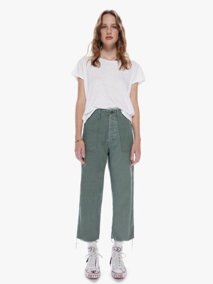 MOTHER The Patch Pocket Private Ankle Jean in Roger That | womens army green crop hem jeans | cropped frayed hems | women’s sustainable casual fashion | cotton deadstock fabric clothing