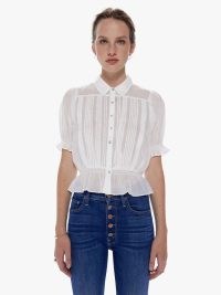 MOTHER The Pins And Needles Top in New York Minute | white collared button up blouses | short sleeve peplum hem tops | feminine cotton clothing | women’s summer clothes