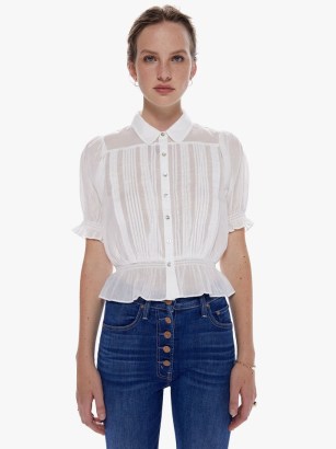 MOTHER The Pins And Needles Top in New York Minute | white collared button up blouses | short sleeve peplum hem tops | feminine cotton clothing | women’s summer clothes - flipped