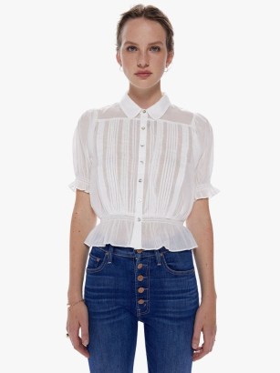 MOTHER The Pins And Needles Top in New York Minute | white collared button up blouses | short sleeve peplum hem tops | feminine cotton clothing | women’s summer clothes