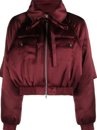 Thebe Magugu bow-embellished bomber jacket in dark red ~ women’s satin finish front zip jackets - flipped