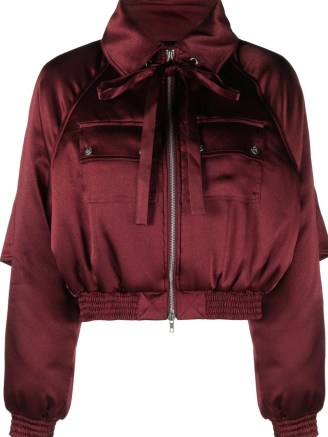 Thebe Magugu bow-embellished bomber jacket in dark red ~ women’s satin finish front zip jackets