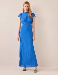 Boden Tie Back Detail Maxi Dress in Cyan – blue long length vintage style occasion dresses – feminine empire waist with ruched details – romantic retro look evening fashion – women’s party clothing – open back with tie detal