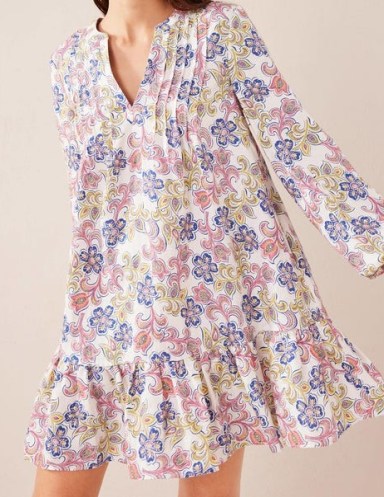 Boden Tiered Linen Mini Dress in Ivory, Botanic Tavern – women’s floral summer dresses – ruffled hem - flipped