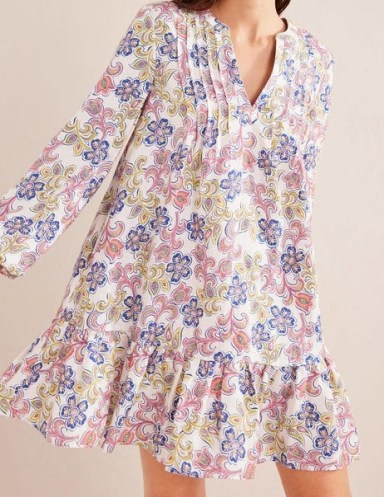 Boden Tiered Linen Mini Dress in Ivory, Botanic Tavern – women’s floral summer dresses – ruffled hem