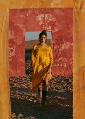 Sezane TINSLEY DRESS Yellow – voluminous A-line shaped viscose jacquard dresses – floaty bohemian clothing - flipped