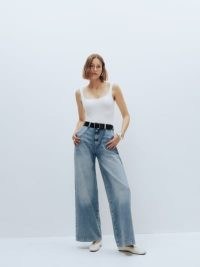Reformation Tomas Super Wide Leg Slouch Trouser Jeans in Manzanita – women’s blue slouchy trouser style jean – womens casual denim clothes – super wide leg – zip fly
