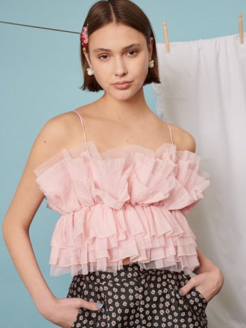 sister jane Tea Cup Ruffle Cami Top Nude Pink ~ ruffled skinny shoulder strap tops ~ women’s romantic party fashion ~ frothy romance inspired clothing - flipped