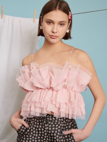 sister jane Tea Cup Ruffle Cami Top Nude Pink ~ ruffled skinny shoulder strap tops ~ women’s romantic party fashion ~ frothy romance inspired clothing