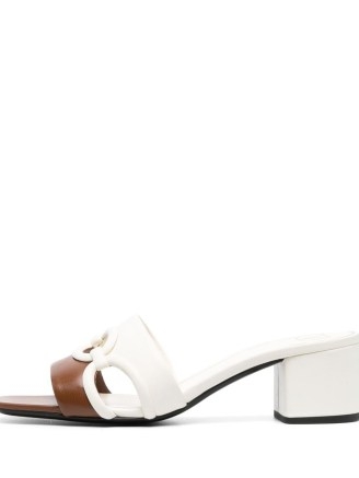 Valentino Garavani Chain 1967 leather mules in white/chocolate brown – cut out vintage style mule sandals – retro look cutout block sandal – designer block heel summer shoes
