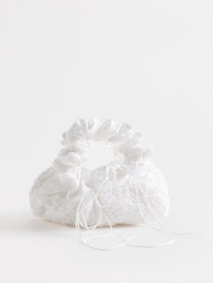 CECILIE BAHNSEN Kiku ruched dahlia-matelassé clutch bag in white – small ruffled bags – mini ruffled top handle handbag – luxury occasion handbags - flipped