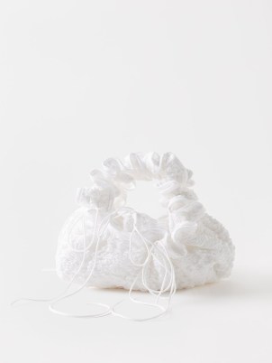 CECILIE BAHNSEN Kiku ruched dahlia-matelassé clutch bag in white – small ruffled bags – mini ruffled top handle handbag – luxury occasion handbags