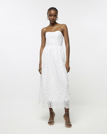 RIVER ISLAND WHITE LACE CORSET MIDI DRESS ~ strapless semi sheer overlay party dresses ~ women’s evening occasion bandeau fashion ~ fitted bodice with sweetheart neckline - flipped