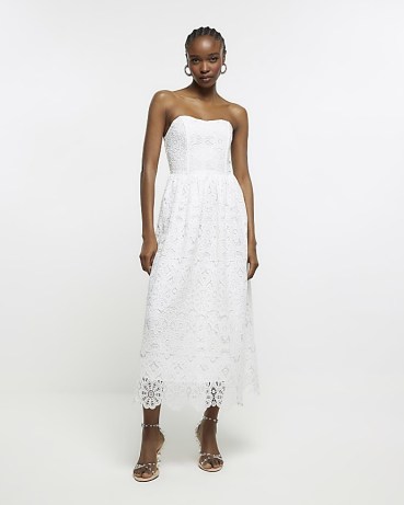 RIVER ISLAND WHITE LACE CORSET MIDI DRESS ~ strapless semi sheer overlay party dresses ~ women’s evening occasion bandeau fashion ~ fitted bodice with sweetheart neckline