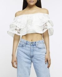 RIVER ISLAND WHITE LACE FLORAL FRILL BARDOT TOP – ruffled off the shoulder crop tops – cropped hem fashion