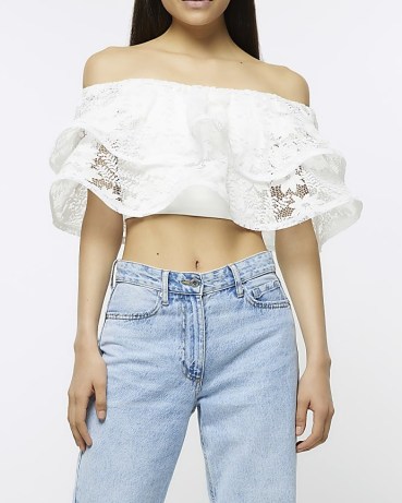 RIVER ISLAND WHITE LACE FLORAL FRILL BARDOT TOP – ruffled off the shoulder crop tops – cropped hem fashion - flipped