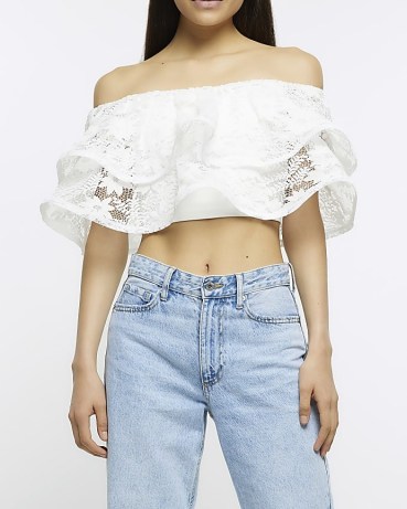 RIVER ISLAND WHITE LACE FLORAL FRILL BARDOT TOP – ruffled off the shoulder crop tops – cropped hem fashion