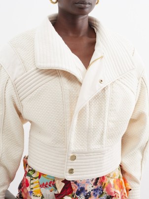 ZIMMERMANN Wonderland nepped-denim cropped jacket ~ oversized ivory white crop hem jackets ~ women’s designer outerwear ~ back lace up detail - flipped