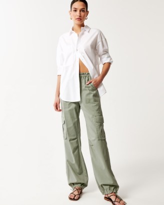 Abercrombie & Fitch Baggy Utility Pant in Green ~ women’s casual cuffed hem side pocket trousers ~ drawcord hems ~ womens drapey cargo pants - flipped