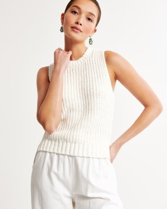 Abercrombie & Fitch Easy Shaker Sweater Tank in White – women’s knitted vest tops – crew neck tanks – womens sleeveless sweaters – chic knitwear - flipped
