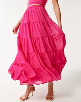 Abercrombie & Fitch Flowy Tiered Maxi Skirt in Pink – floaty chiffon fabric skirts - flipped
