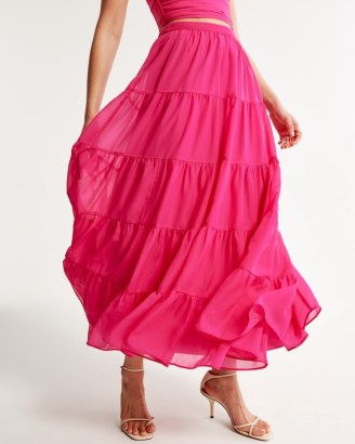 Abercrombie & Fitch Flowy Tiered Maxi Skirt in Pink – floaty chiffon fabric skirts