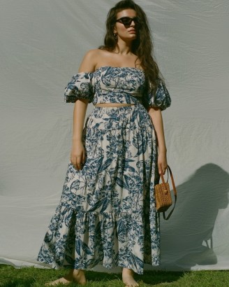 Abercrombie & Fitch Poplin Tiered Maxi Skirt in Navy Pattern – long length floral skirts – women’s summer clothing