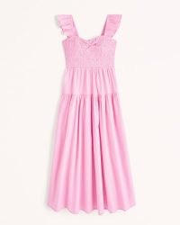 Abercrombie & Fitch Ruffle Strap Smocked Midi Dress in Pink ~ sleeveless tiered dresses ~ wide ruffled shoulder straps ~ women’s summer fashion ~ sweetheart neckline clothes