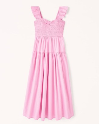 Abercrombie & Fitch Ruffle Strap Smocked Midi Dress in Pink ~ sleeveless tiered dresses ~ wide ruffled shoulder straps ~ women’s summer fashion ~ sweetheart neckline clothes - flipped