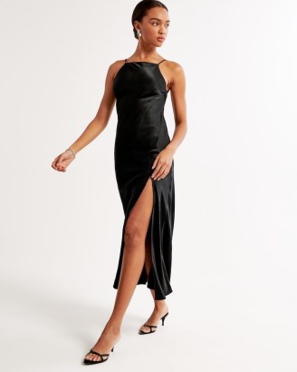 Abercrombie & Fitch Satin Low Back Midi Dress Black ~ strappy scoop back slip dresses ~ slit leg evening clothes