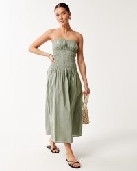 Abercrombie & Fitch Strapless Drop-Waist Smocked Maxi Dress in Olive ~ women’s green cotton summer dresses ~ fitted bodice ~ bandeau fashion ~ womens holiday clothes