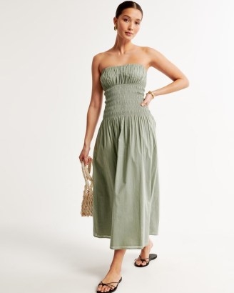 Abercrombie & Fitch Strapless Drop-Waist Smocked Maxi Dress in Olive ~ women’s green cotton summer dresses ~ fitted bodice ~ bandeau fashion ~ womens holiday clothes - flipped