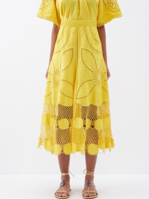 ULLA JOHNSON Yellow Annora crocheted linen midi skirt – semi sheer floral summer skirts
