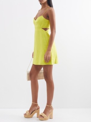 SALONI Yellow Bonnie cutout linen mini dress – stappy cut out dresses – skinny shoulder strap fashion