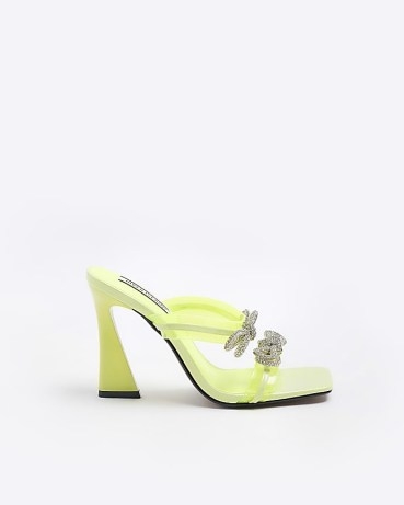 RIVER ISLAND YELLOW BOW DETAIL HEELED MULES – embellished square toe mule sandals - flipped