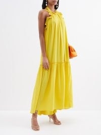 ULLA JOHNSON Yellow Celeste silk-crepe halterneck dress – ruffle trim halter neck dresses – women’s luxury summer occasion clothes