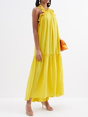 ULLA JOHNSON Yellow Celeste silk-crepe halterneck dress – ruffle trim halter neck dresses – women’s luxury summer occasion clothes