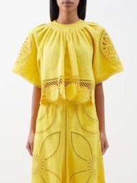 ULLA JOHNSON Yellow Cymbeline crocheted-linen cropped top – wide sleeve cut out detail summer tops