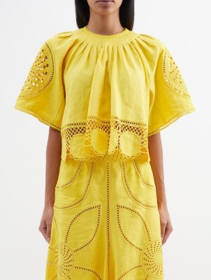 ULLA JOHNSON Yellow Cymbeline crocheted-linen cropped top – wide sleeve cut out detail summer tops - flipped