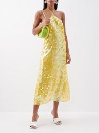 SAKS POTTS Yellow Polly sequinned halterneck midi dress – luxe sequin embellished party fashion – women’s luxury occasion clothes – shimmering summer event clothing – glittering strappy halter neck evening dresses