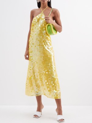 SAKS POTTS Yellow Polly sequinned halterneck midi dress – luxe sequin embellished party fashion – women’s luxury occasion clothes – shimmering summer event clothing – glittering strappy halter neck evening dresses - flipped